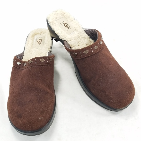 UGG Fiona Suede Mule Slip On Clog Shoes Brown Sz 8 Shearling 5546 Copper Studded - Picture 3 of 16